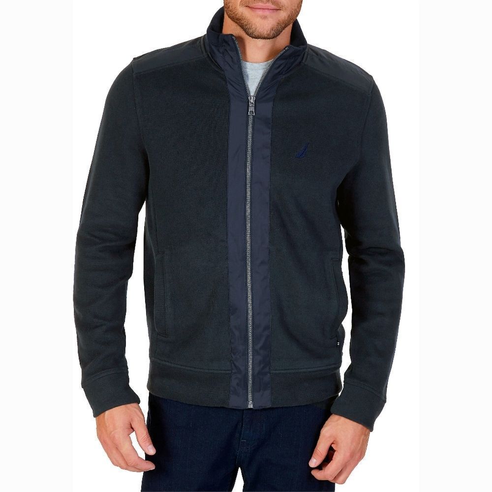 New! NAUTICA Mixed Media Men's Blue Sweater Jacket Full-Zip 100% Cotton